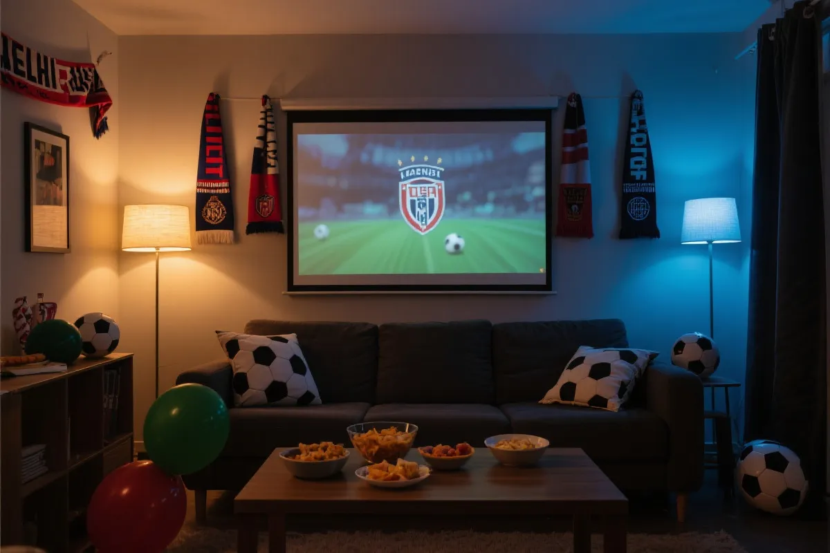 家庭客厅观赛角布置，柔和灯光、球衣围巾装饰、零食与投影屏幕，温暖纪录风