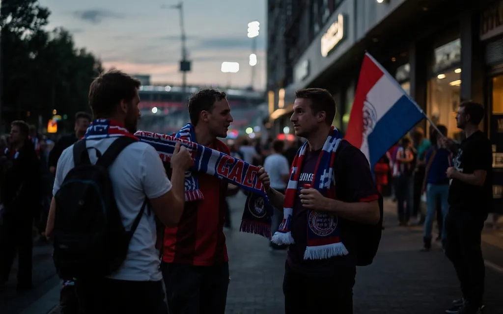 不同城市球迷在球场外相遇与交流的街头场景，电影感