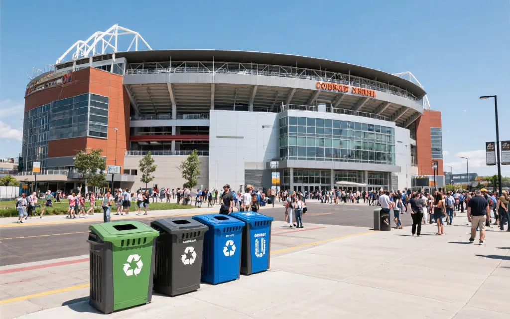 球场外设置清晰的垃圾分类站点与人群动线指引